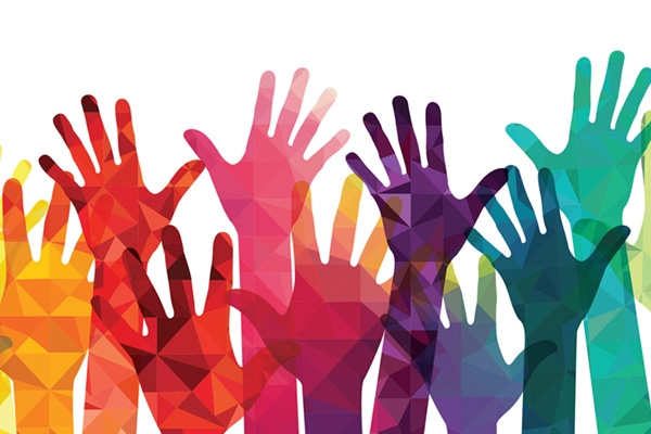 Multi-color silhouettes of raised hands