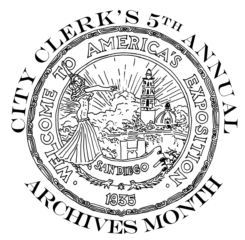 City Clerk's 5th Annual Archives Month written around the 1935 Welcome to America's Exposition sign for the California Pacific International Exposition