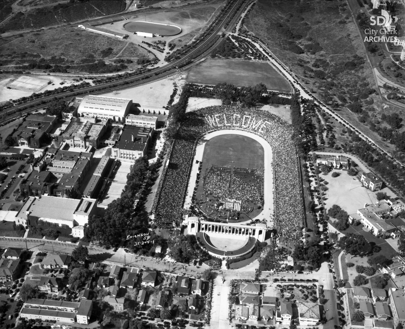 Balboa Stadium aerial with WELCOME for FDR