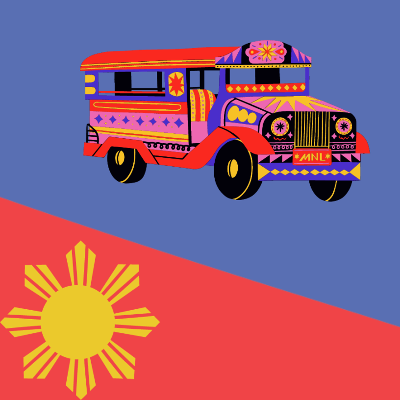 Illustrated bus and eight-rayed golden sun symbol