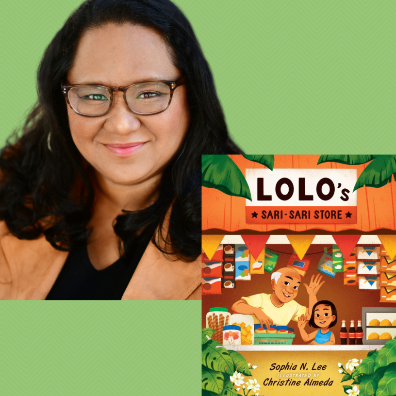 Headshot of author Sophia Lee and the cover of her book Lolo's sari-sari store.