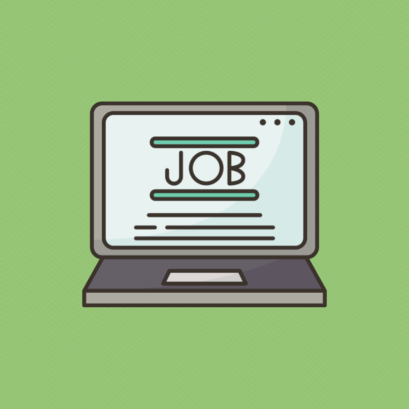 Clip art of laptop displaying "JOB" on the screen. Green background.