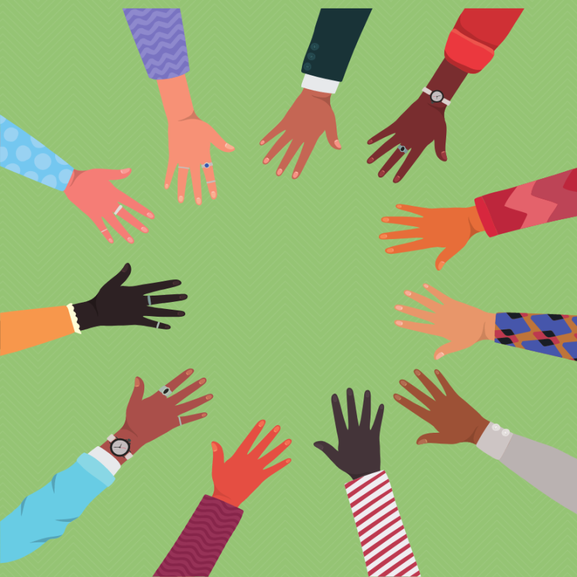 Clip art of multicultural hands in a circle . Green background.