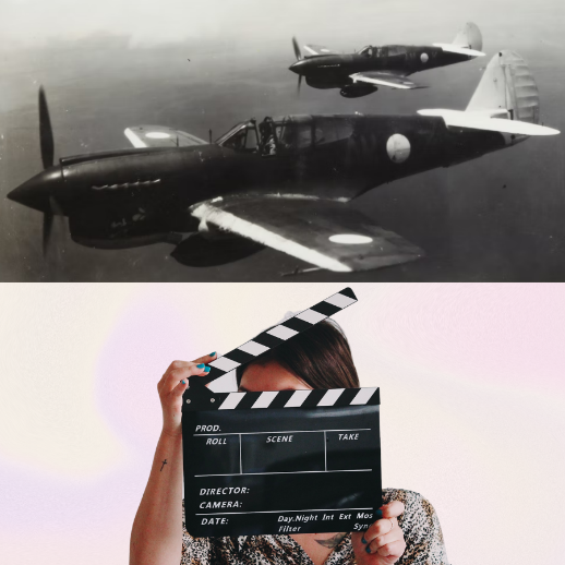 World War II plane picture on top; Woman holding a clapboard image on bottom