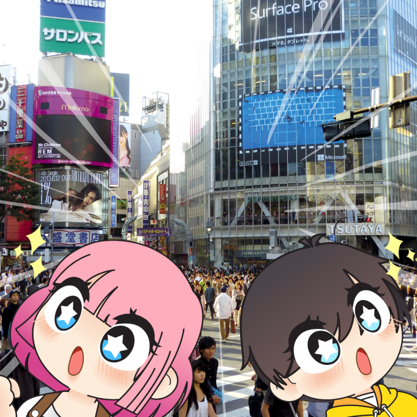 Two anime characters in downtown Japan.