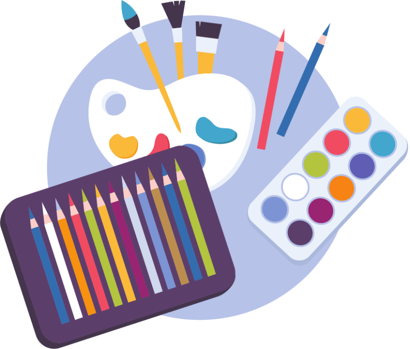 Illustrated paint, palette, brushes, and color pencils