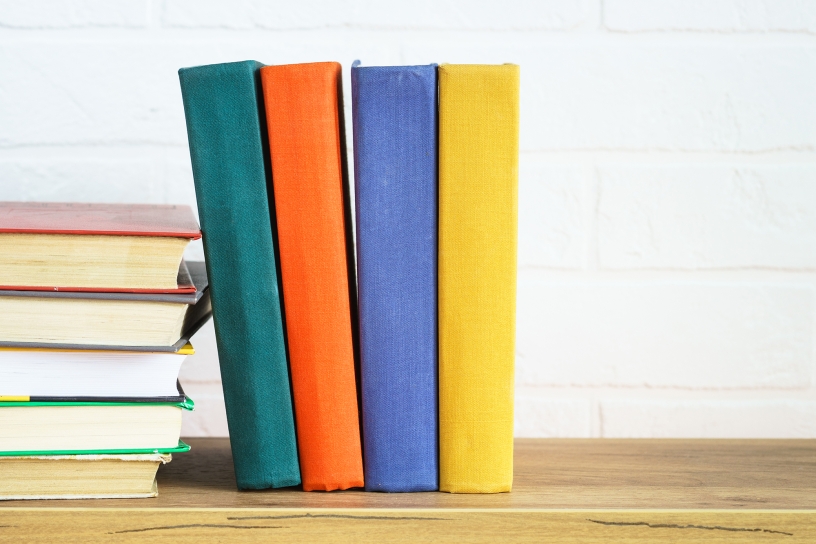 Books on a shelf with bright colored covers
