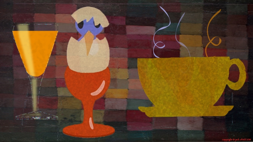An image of a glass of orange juice, an egg hatching a blue baby bird, and a steaming cup of coffee.