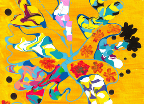 Painting of colorful abstract shapes and flowers by artist Linh Tran. Acrylic on canvas.