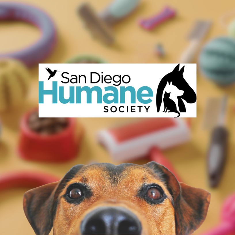 San Diego Humane Society logo in center; Dog peeking out from bottom
