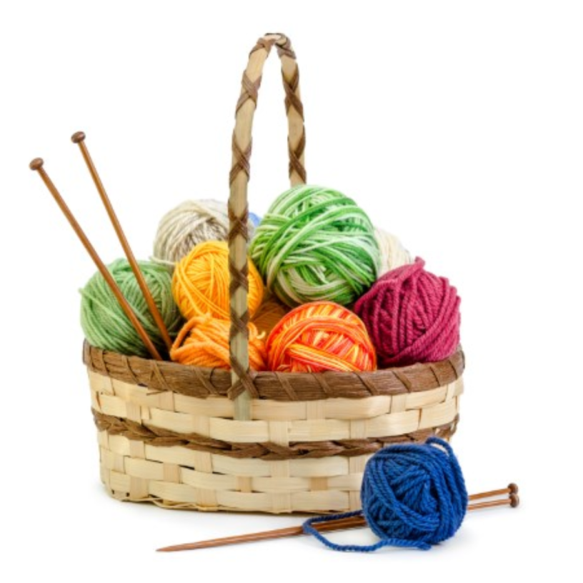 Basket with balls of yarn and knitting needles