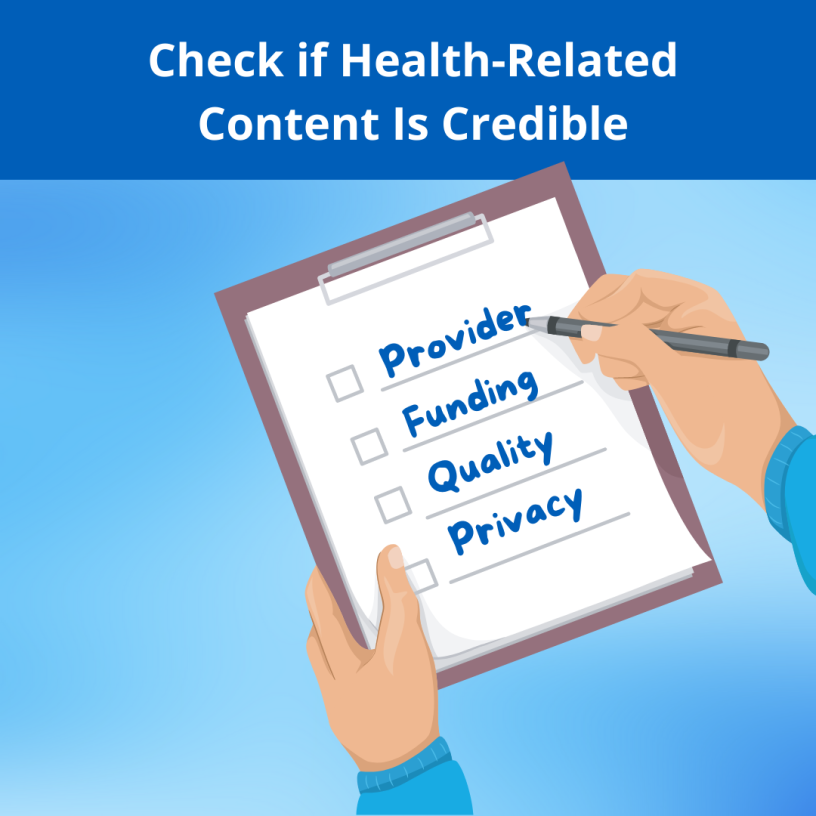Blue background with clipboard checklist saying Check if Health-Related Content is Credible