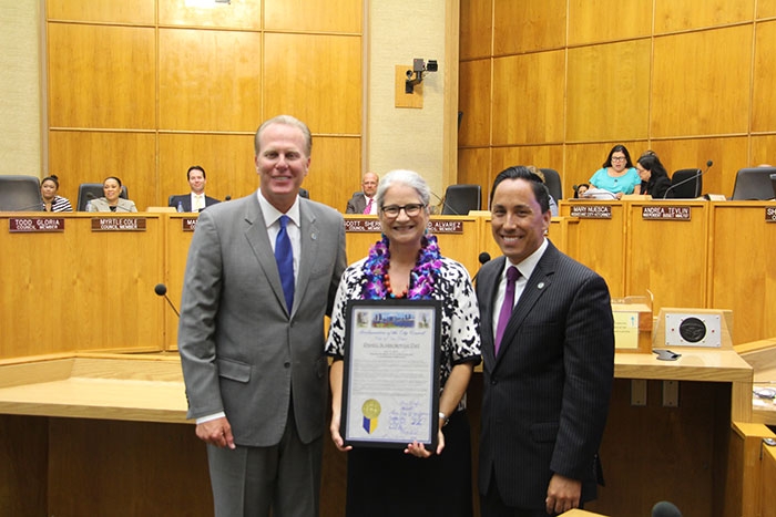 Photo of Dr. Danell Scarborough with Mayor Kevin Faulconer and Councilmember Todd Gloria