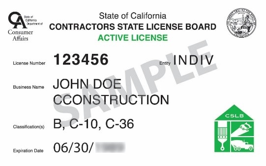 Sample Contractors State License Board License