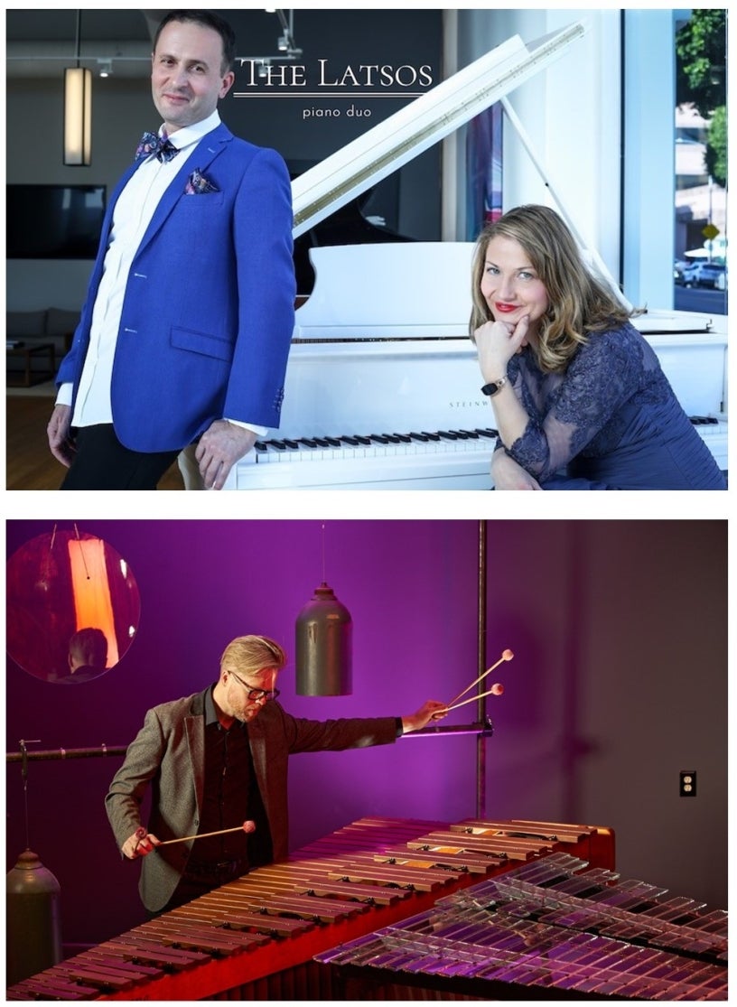Photos of duo The Latsos by a white piano and a second photo of musician Matthew Coley.