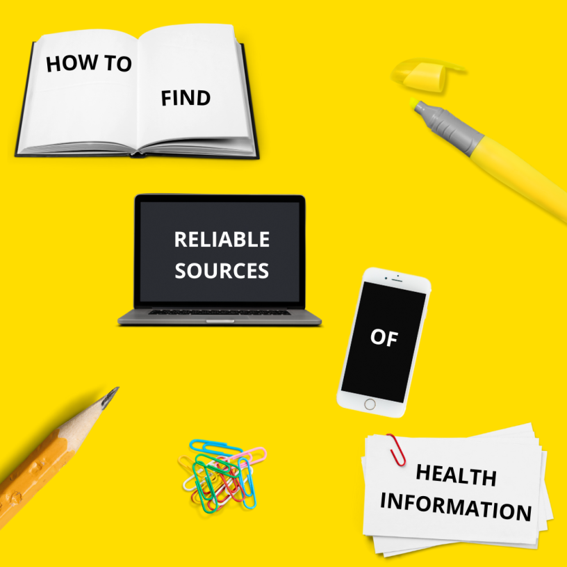 Yellow background with book, laptop, cellphone and notecards saying How to find reliable sources of health information.