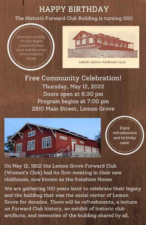 forward club anniversary flyer with images of Lemon Grove red historical society house