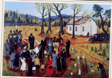 Colorful painting of crowd outside a church but Queena Stovall