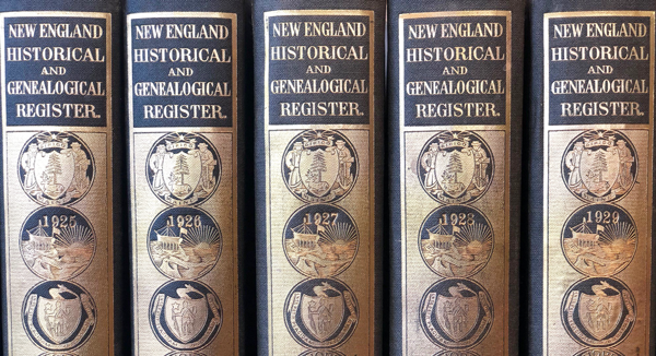 Image of the spines of five genealogy research books