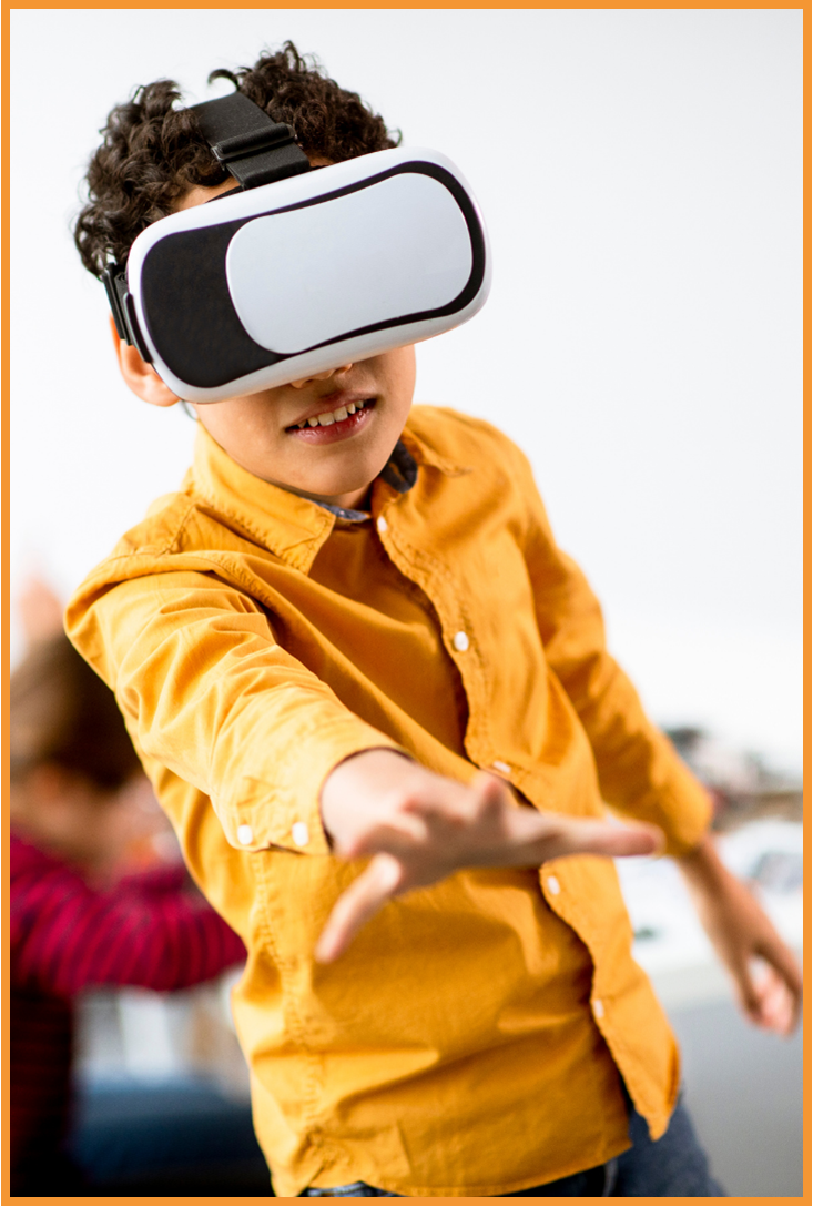 Child wearing VR googles and reaching out