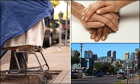 Photo Collage of Homeless Cart, Hands, and Skyline