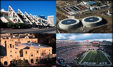 collage of the Convention Center, Otay Mesa Water Treatment Plant, Balboa Park, and Qualcomm Stadium