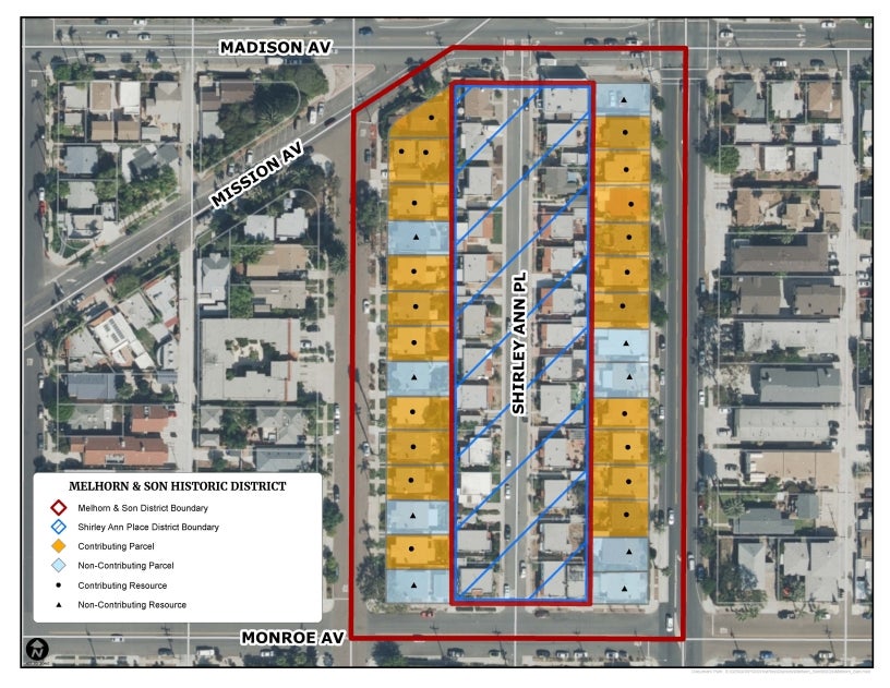 Map illustrating the boundaries of the Melhorn & Son Historic District and the location of contributing and non-contributing resources.
