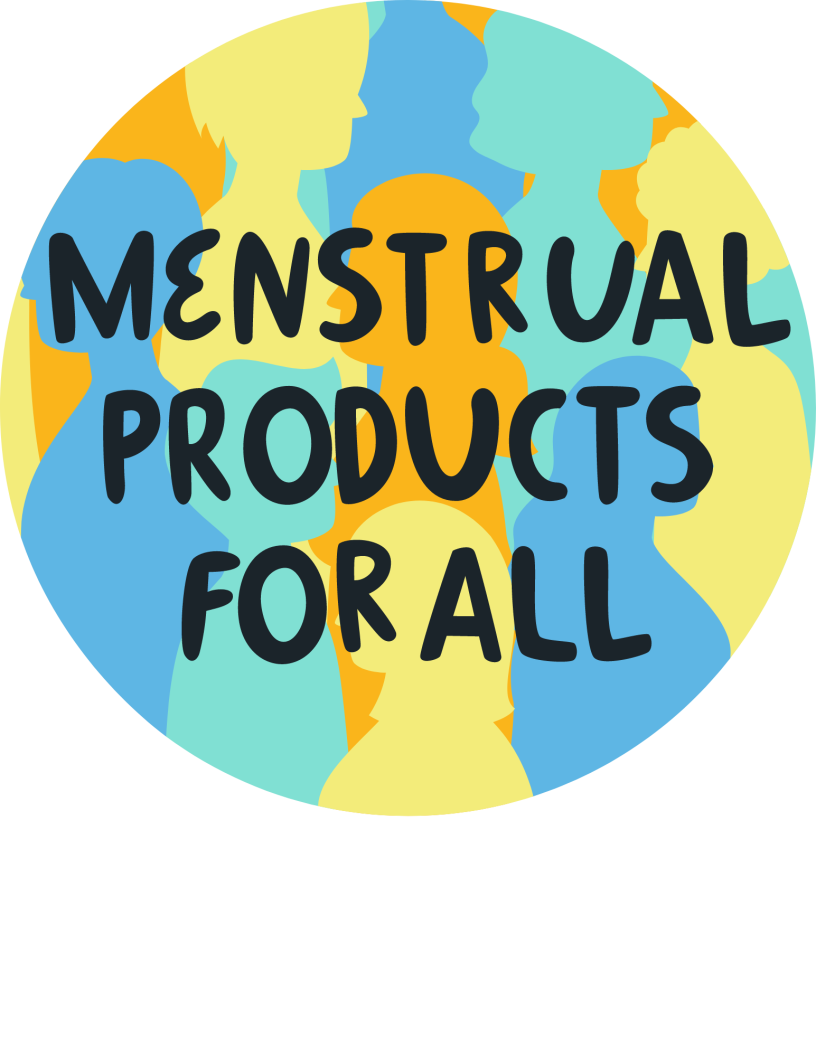 Round graphic with blue, orange, yellow and green profiles with Menstrual Products for all text.