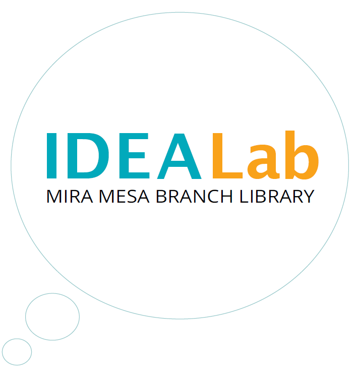 Thought Bubble with the words IDEA Lab Mira Mesa Branch Library