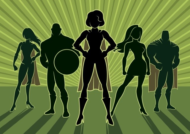 Silhouette of superheroes in front of green background