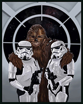 Illustration of Chewbacca and two Stormtroopers