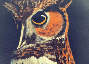 Close-up of a painting of an owl by artist Audrey Vespe.