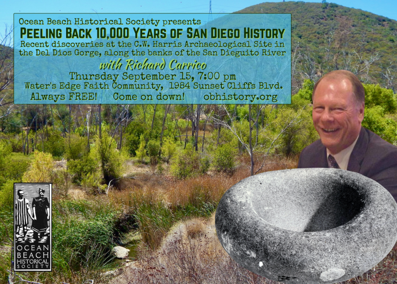 Ocean Beach Historical Society Postcard. Richard Carrico and 10,000 years of San Diego History information.