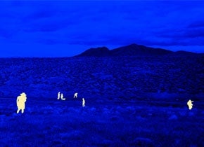 Detail, John Brinton Hogan,  A group of artists and academics at the OXCART Crash Site, near Wendover, UT,  August 2012 (2014),  Mixed media on cotton paper, 20” x 40”. 