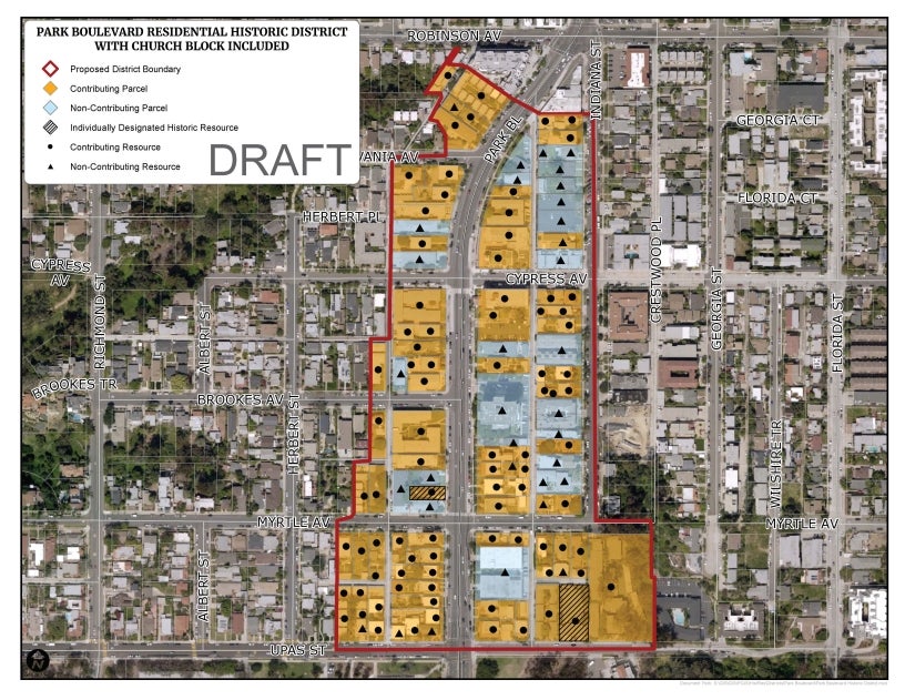 Map illustrating the boundaries of the Park Boulevard Residential Historic District and the location of contributing and non-contributing resources.