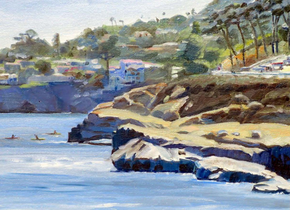 Close-up of a painting of a rocky coastline by artists from the SD Plein Air Painters Meetup Group.