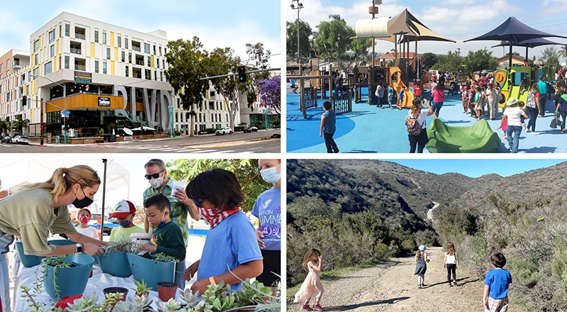 Collage of pictures showing a housing complex, a playground with children, children learning how to garden, and children on a nature trail