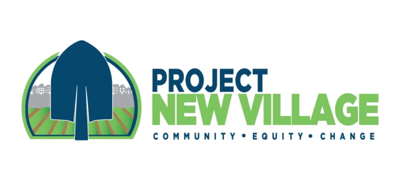 Logo of Project New Village. Picture of blue shovel in the center of a green garden in the background