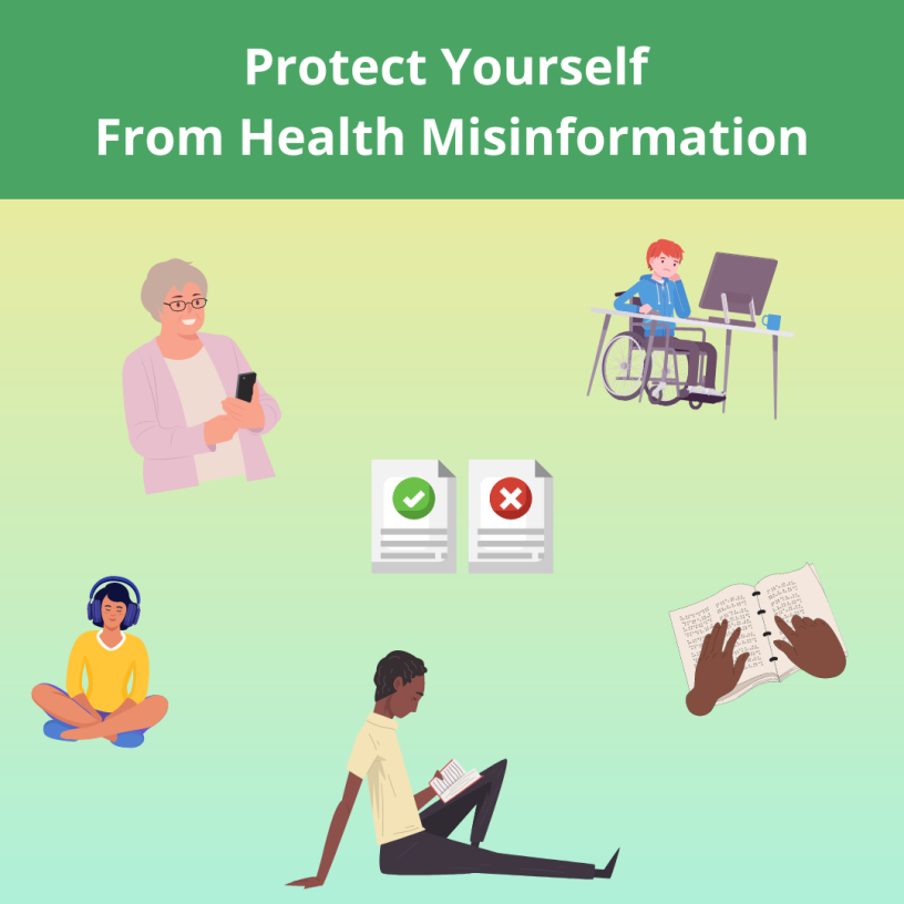 Green background with various images saying Protect yourself from Health Misinformation.