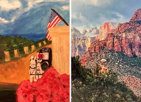 Two side-by-side images of outdoor scenes by artists Betty Rexford and Sue Robertson.