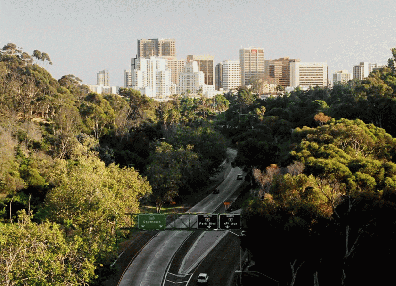 View of downtown skyline from Cabrillo Bridge in Balboa Park