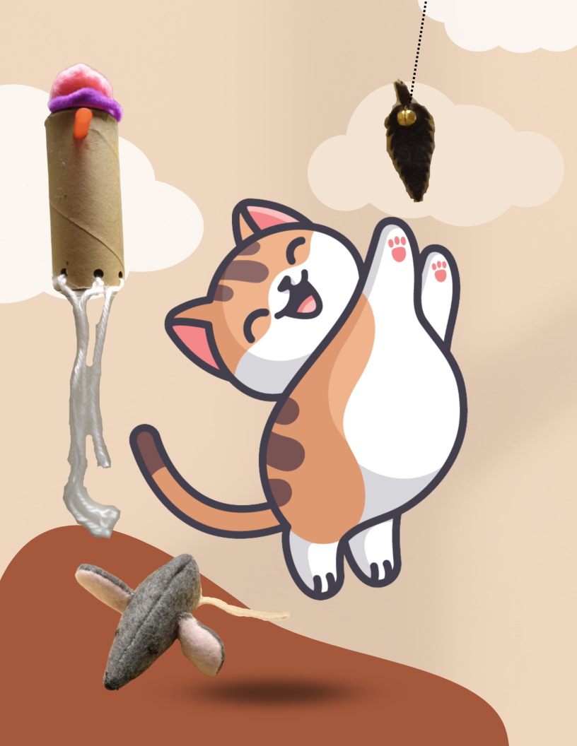 Illustrated cat playing with hand crafted cat toys