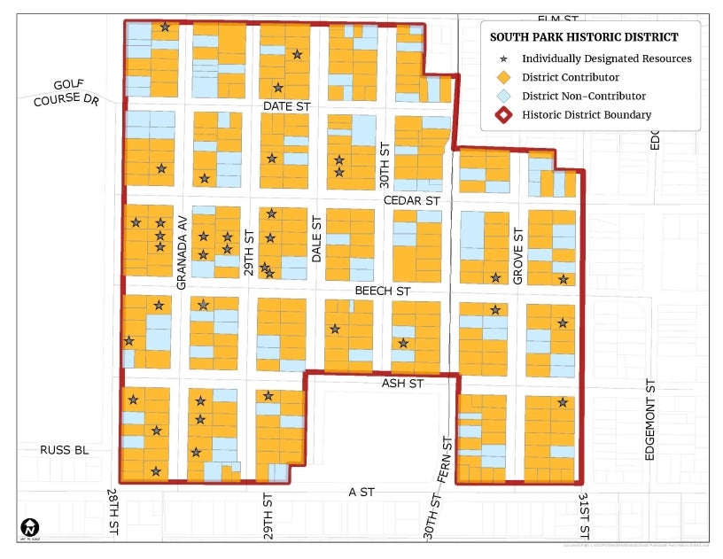 South Park Historic District Map showing location of contributing and non-contributing resources.