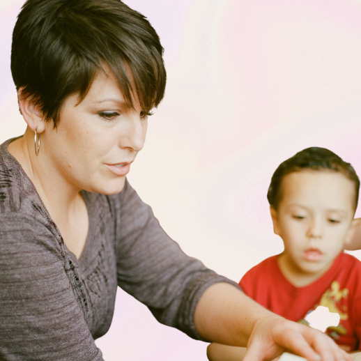 Woman in foreground; child in background