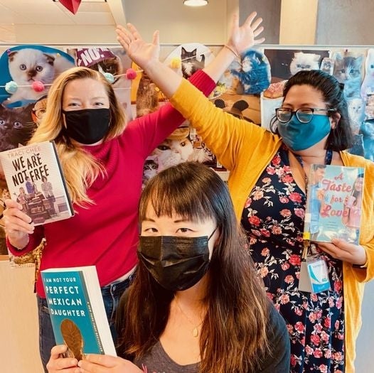 The Book Coven librarians from left to right: Collection Development Librarian, Angie Stava, Sciences Manager, Monnee Tong, and Pauline Foster Teen Center Manager, Vanessa Gempis. 