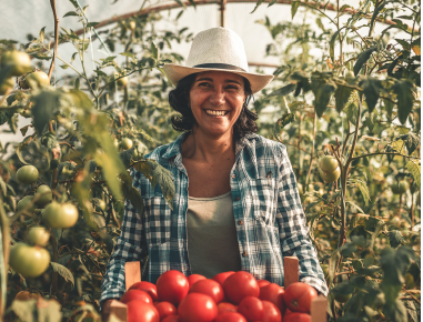 Person in a greenhouse holding a basket of tomatos