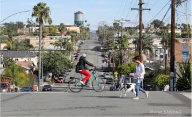 Girl walking dog and youth on bike in urban area