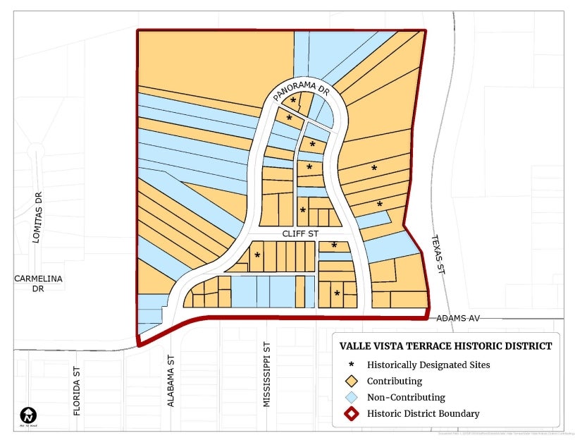 Map illustrating the boundary of the Valle Vista Terrace Historic District and the location of contributing and non-contributing resources.