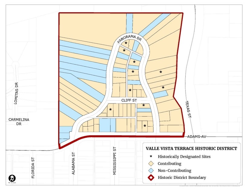 Map of the Valle Vista Terrace Historic District showing location of contributing and non-contributing resources.