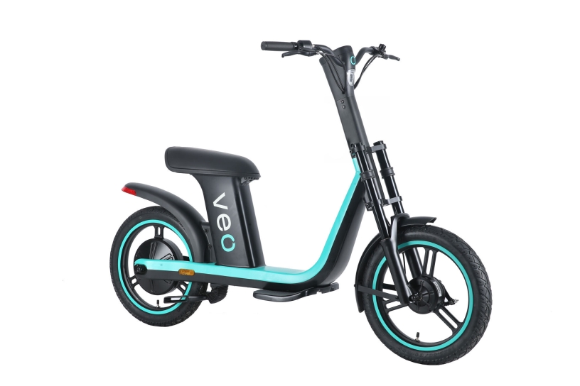 A teal-colored Veo scooter/shared mobility device. 